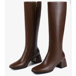 NEW Brown Vegan Leather Knee High Boots Chunky Heel Square Toe 9